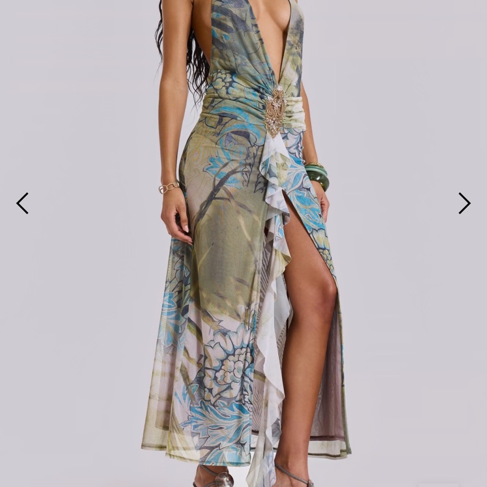 Jaded London Green and Blue Ruched Plunge Gown